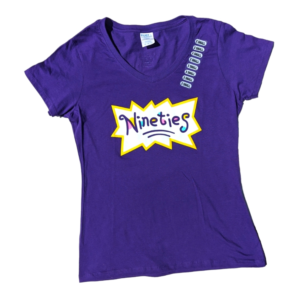 90's Experience Womans Nineties Rugrats "Baby's Gotta Do" VNECK Tee Purple